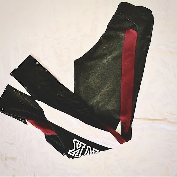 PINK by VS XS leggings Dark Gray Burgundy White fishnet & hidden pockets EUC - Picture 2 of 7